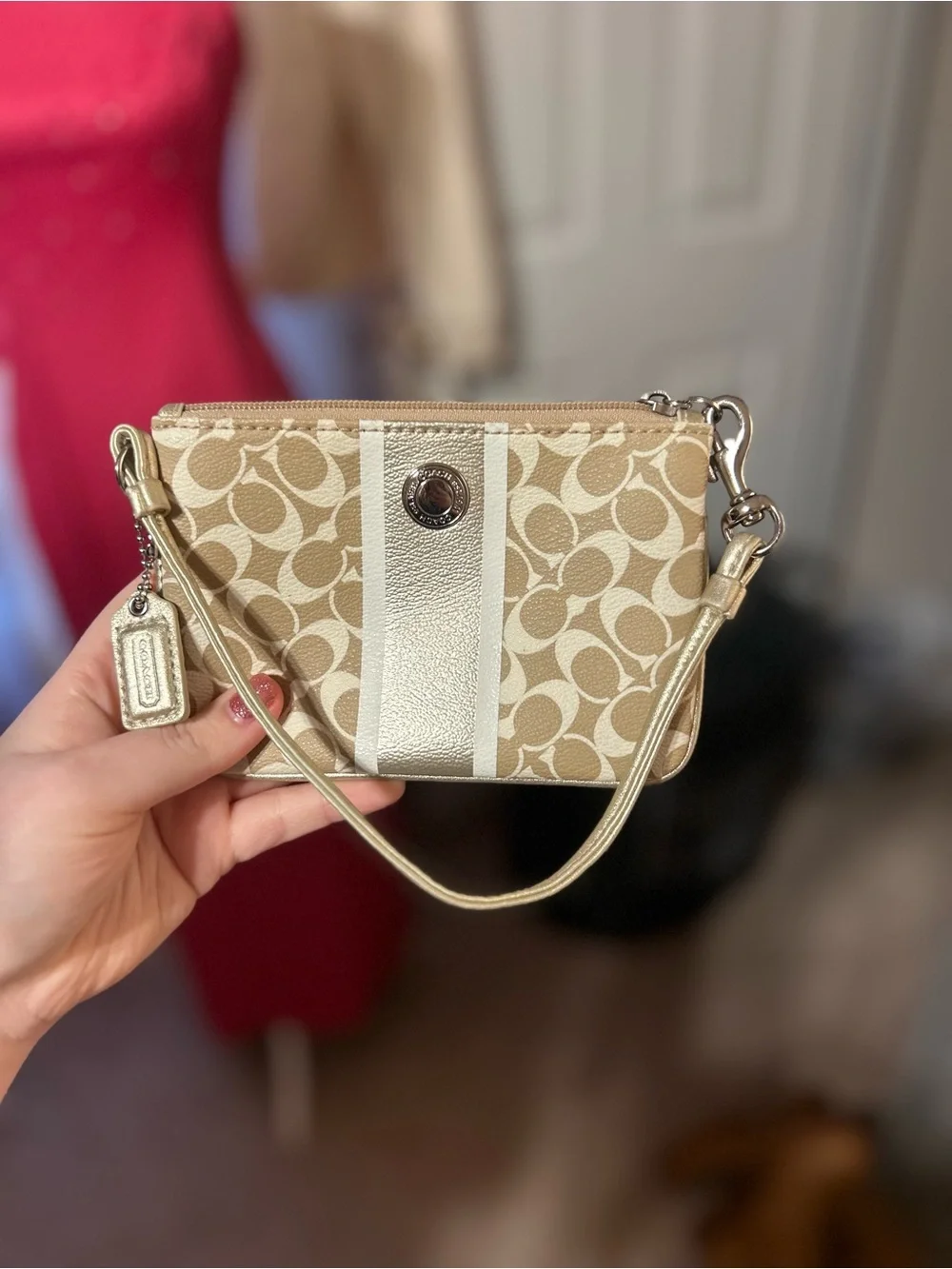 Coach Heritage Canvas Khaki Stripe Wristlet